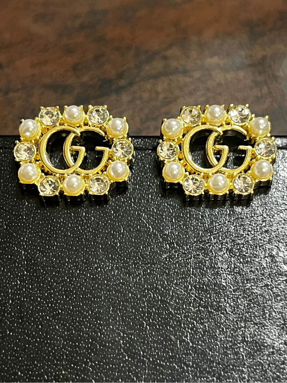 Double G Designer Gold Tone Pearl Rhinestone Letter Logo Earrings